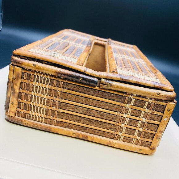 60s Burnt Tortoiseshell Bamboo Tissue Box Cover Midcentury Tiki Boho Bathroom - Picture 4 of 10
